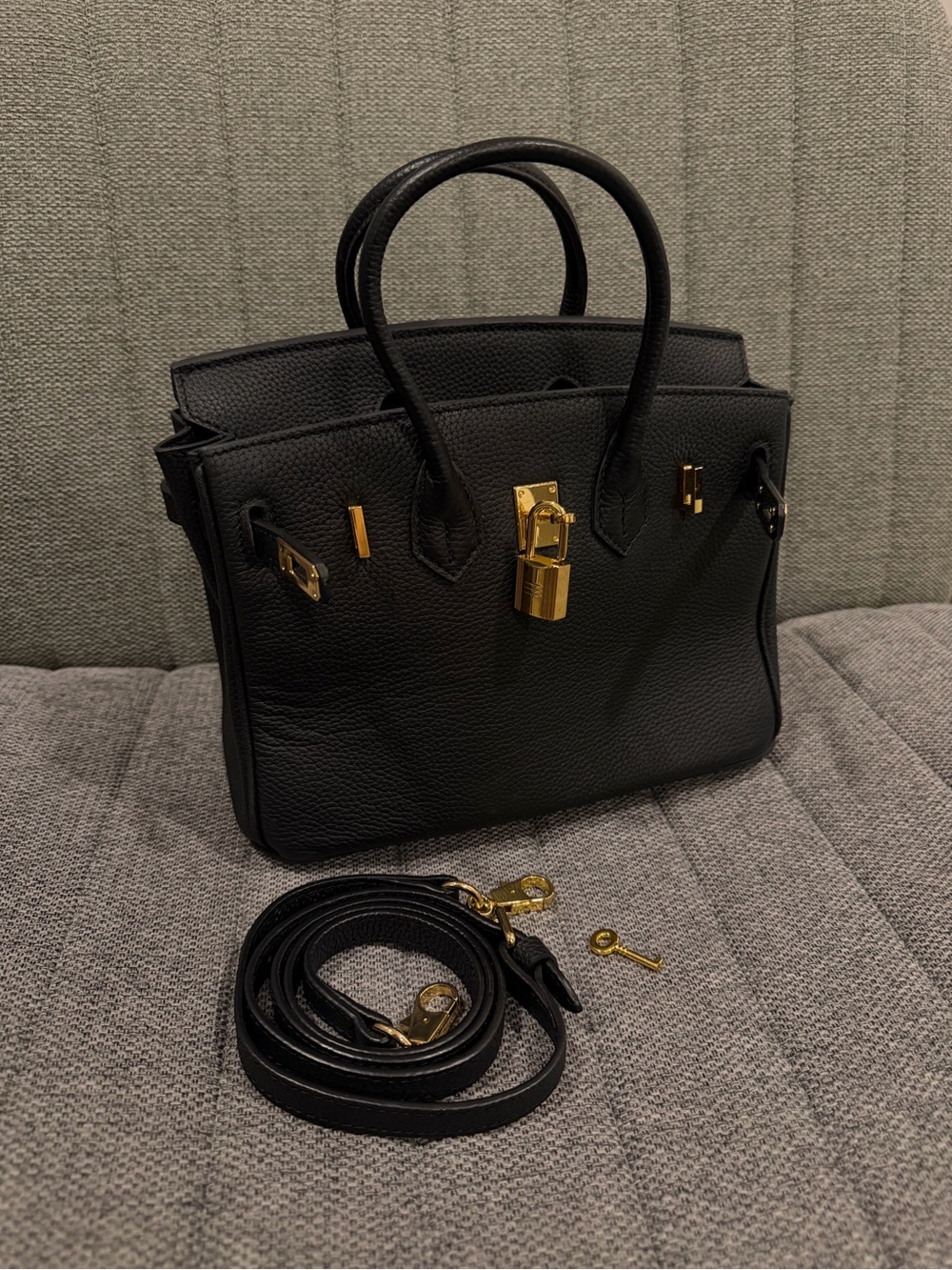 Black Leather Satchel Handbag with Gold Hardware
